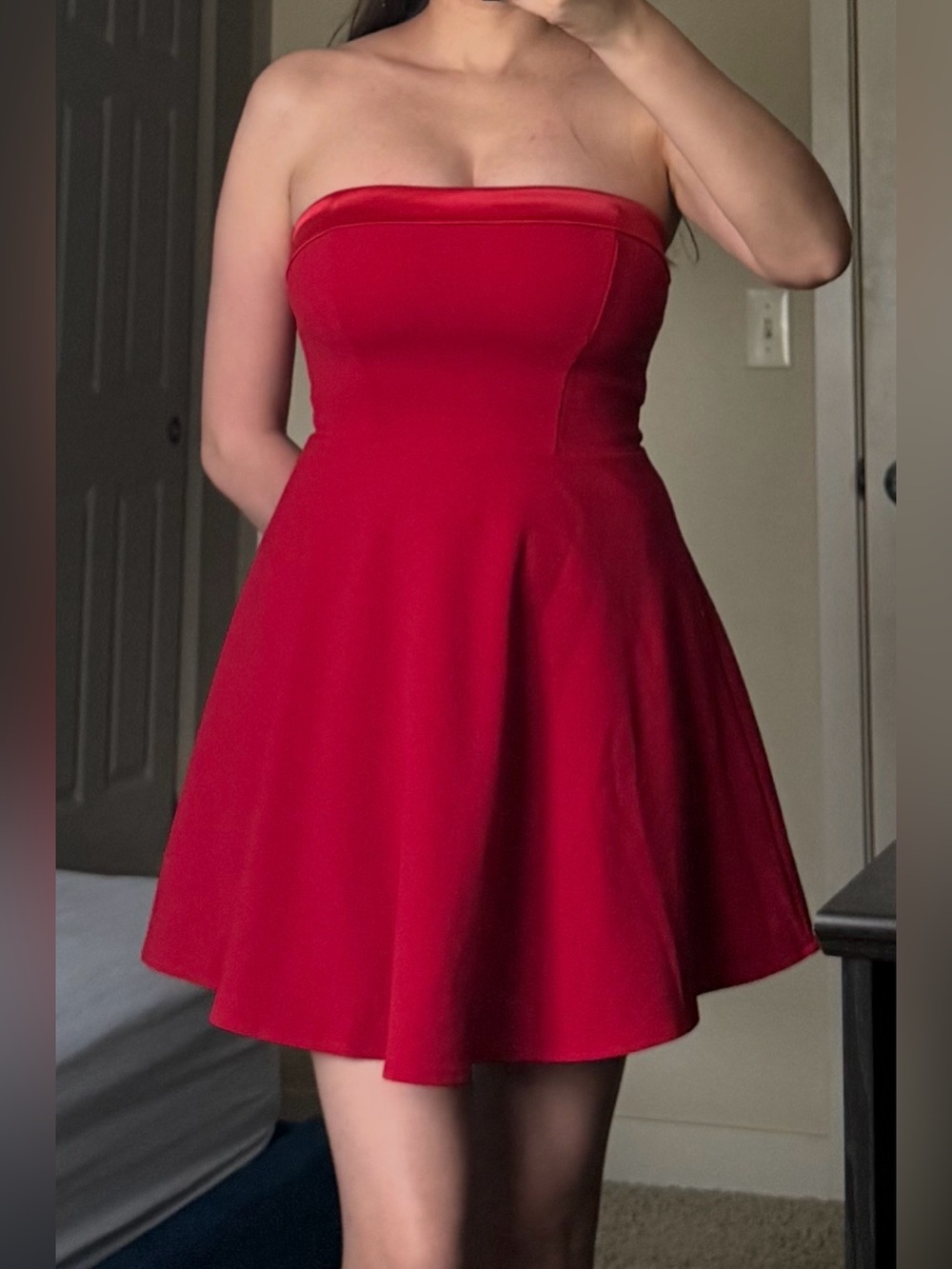 Here Comes The Sun Red Strapless Skater Mini Dress Size S